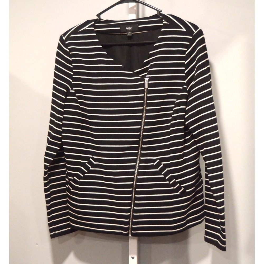 Mossimo Women XL Black White Stripe Jacket Lined Zip Front Pockets Stretch
